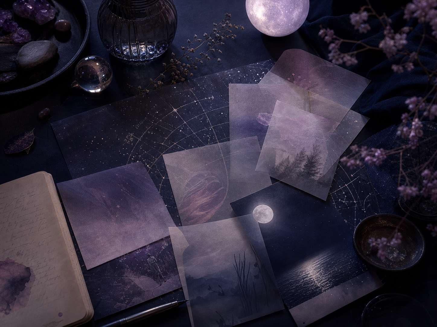 Dream clue cards, moonlight, and paper fragments on a dark desk